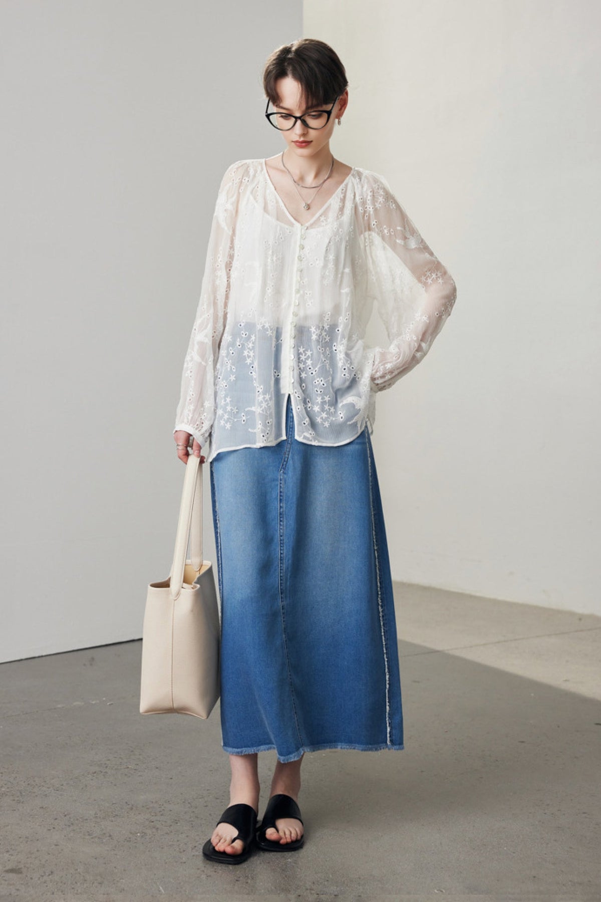 100 Mulberry Silk Sheer Embroidered V-Neck Blouse with Camisole