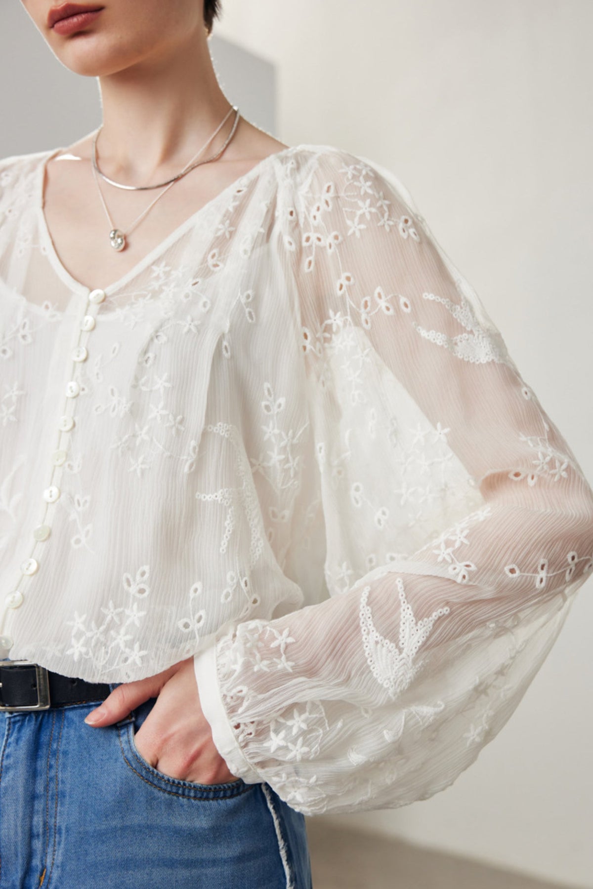 100 Mulberry Silk Sheer Embroidered V-Neck Blouse with Camisole