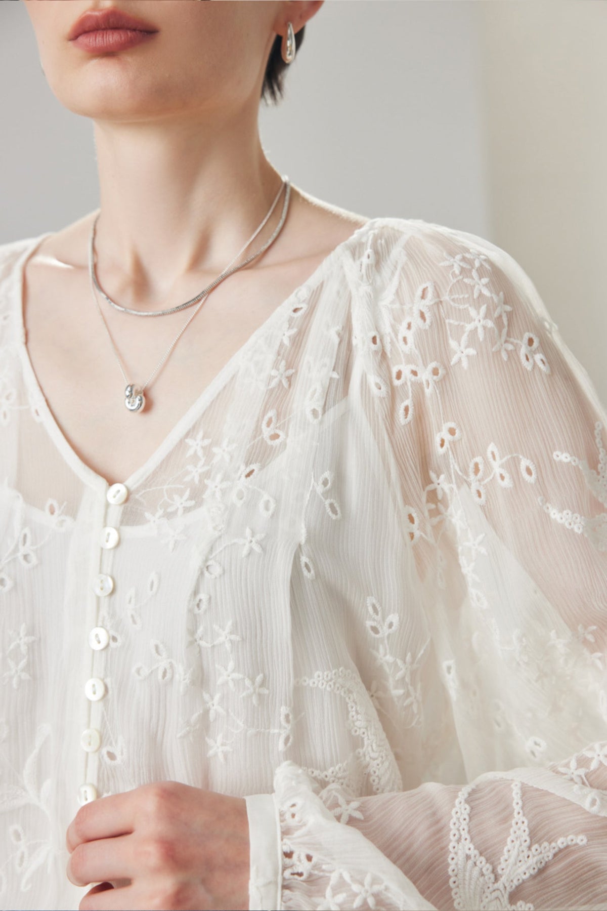 100 Mulberry Silk Sheer Embroidered V-Neck Blouse with Camisole