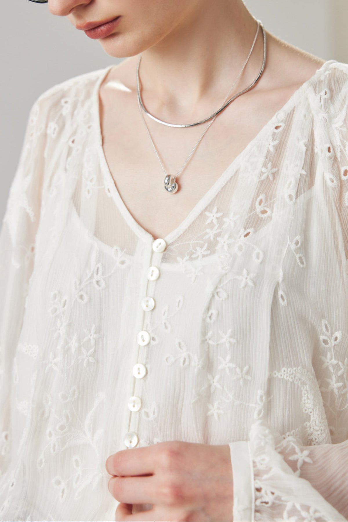 100 Mulberry Silk Sheer Embroidered V-Neck Blouse with Camisole