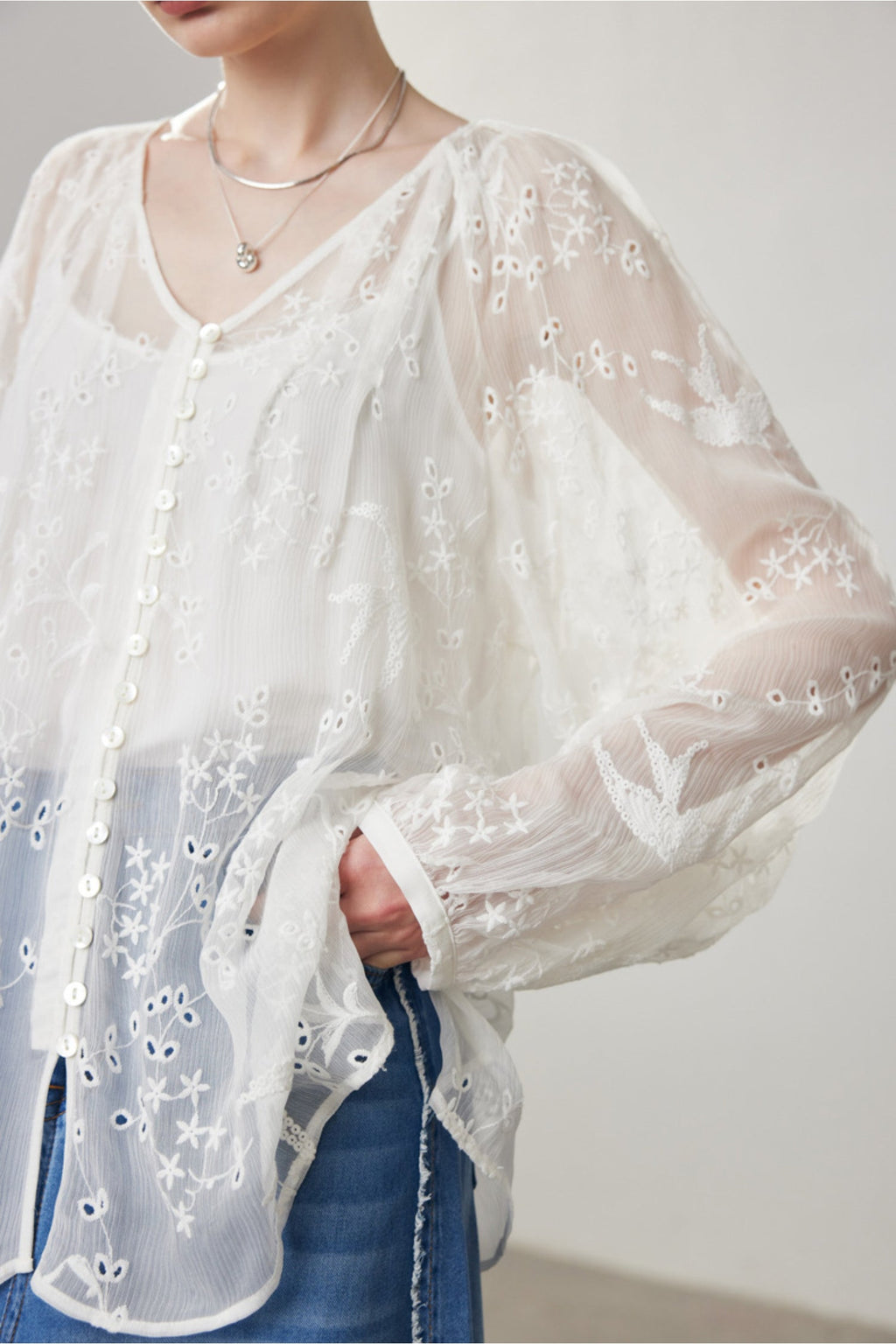 100 Mulberry Silk Sheer Embroidered V-Neck Blouse with Camisole