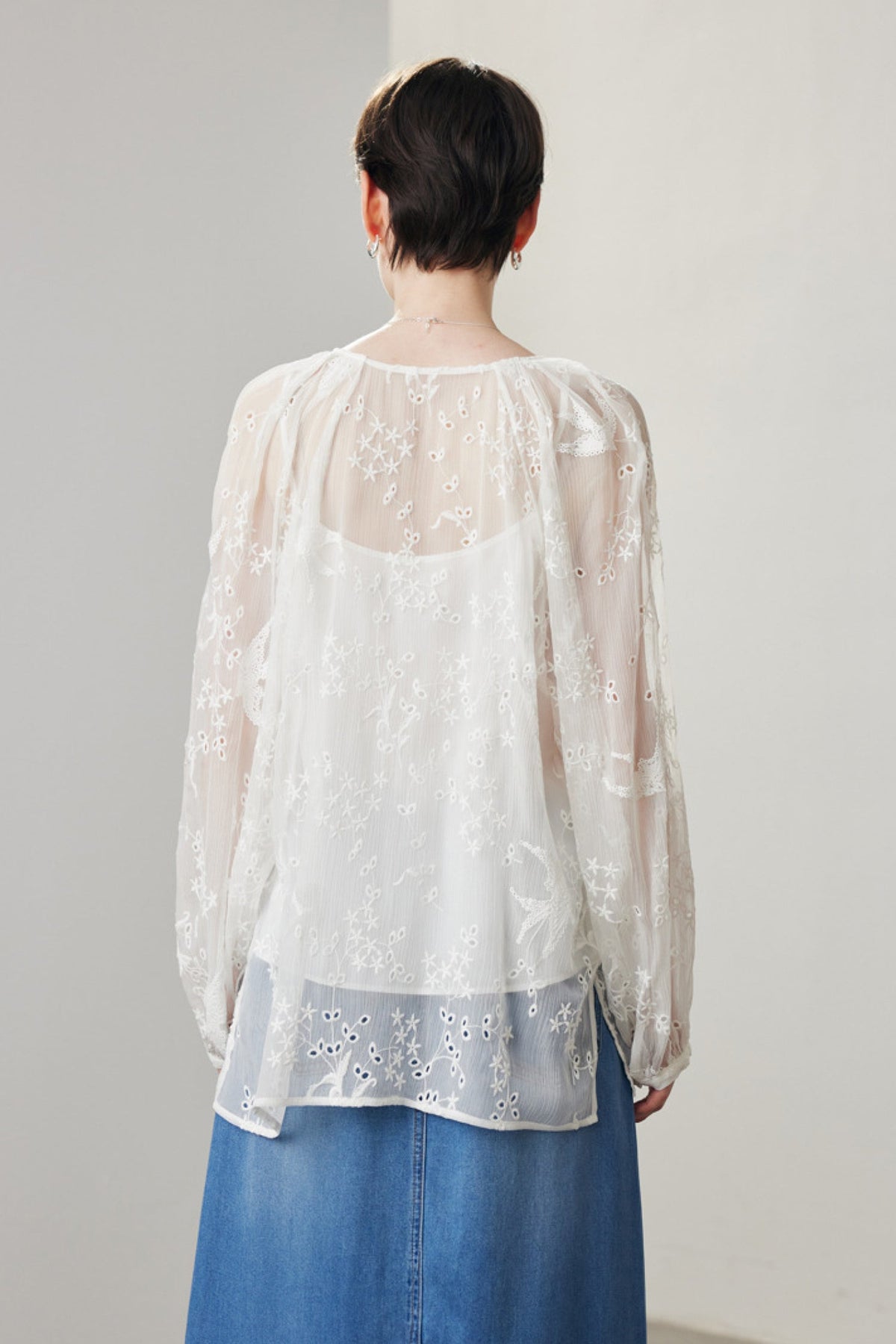 100 Mulberry Silk Sheer Embroidered V-Neck Blouse with Camisole