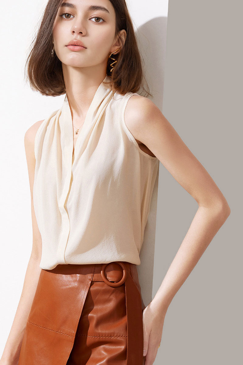 100 Mulberry Silk Sleeveless Button-Down V-Neck Blouse