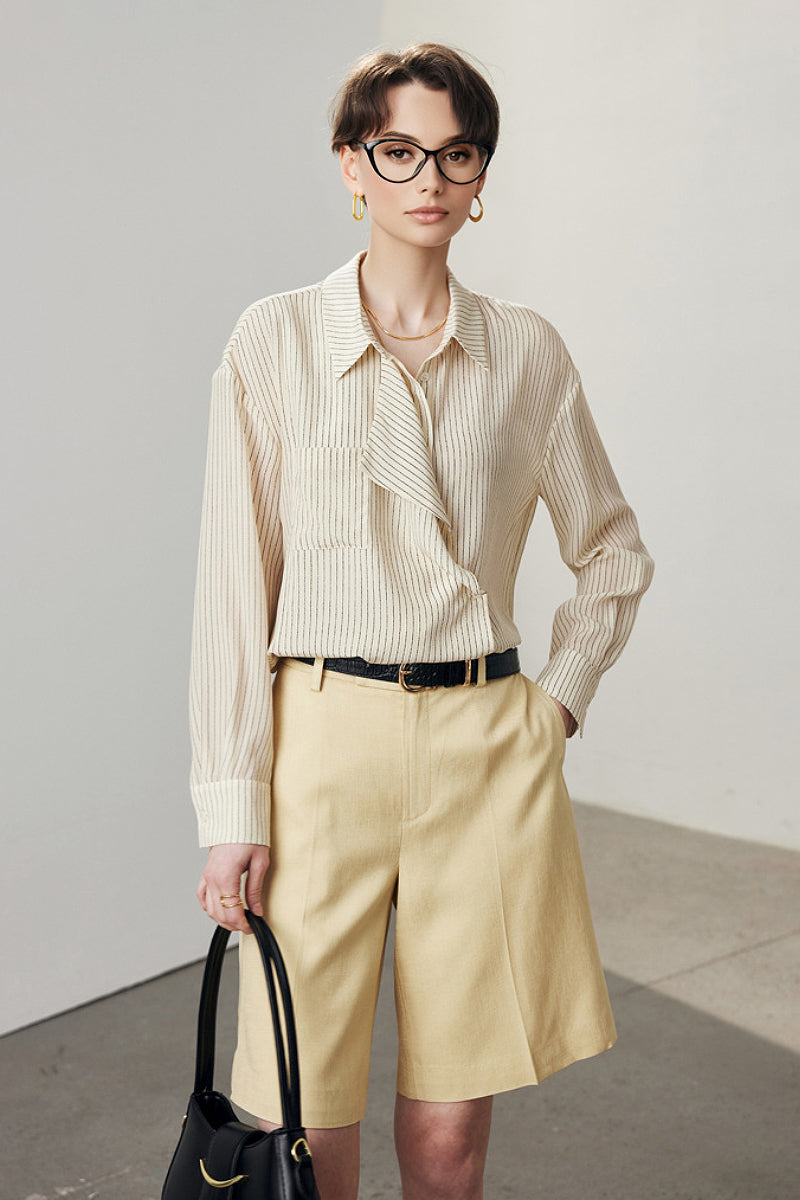 100 Mulberry Silk Striped Asymmetrical Button-Down Shirt