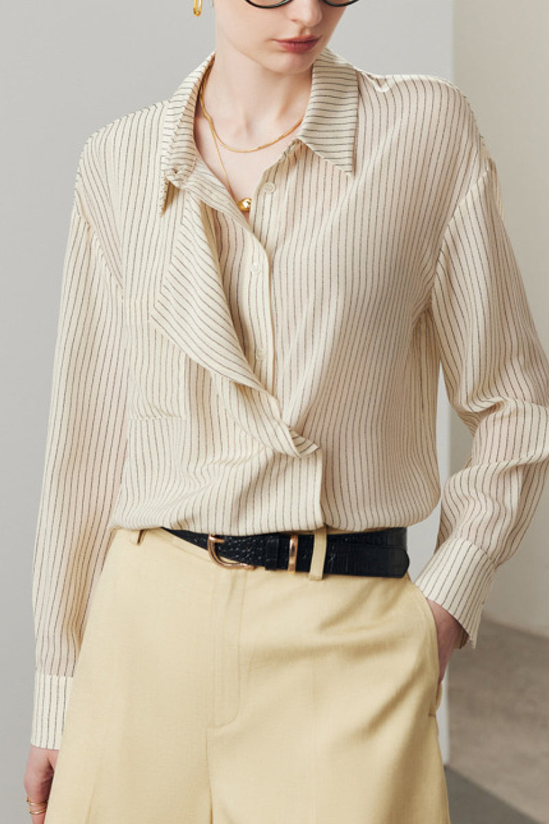 100 Mulberry Silk Striped Asymmetrical Button-Down Shirt