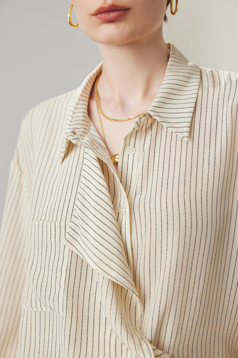 100 Mulberry Silk Striped Asymmetrical Button-Down Shirt
