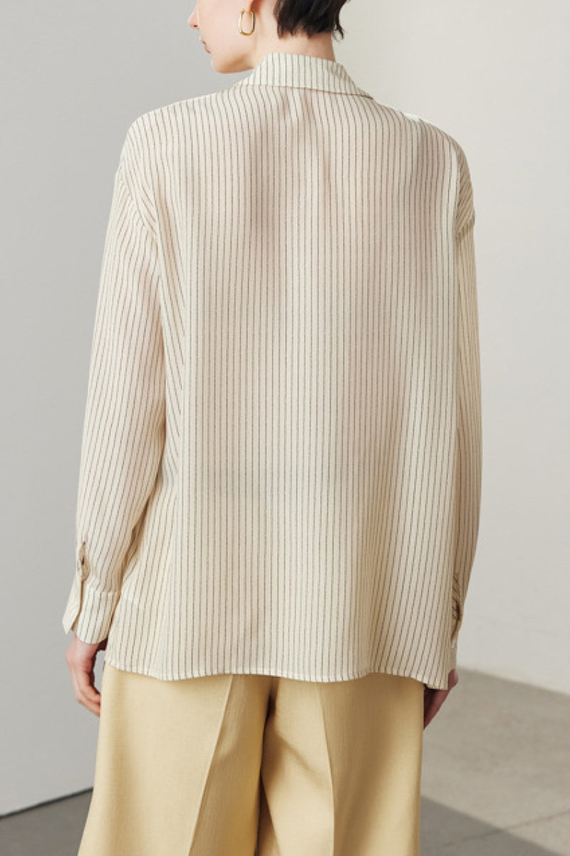 100 Mulberry Silk Striped Asymmetrical Button-Down Shirt