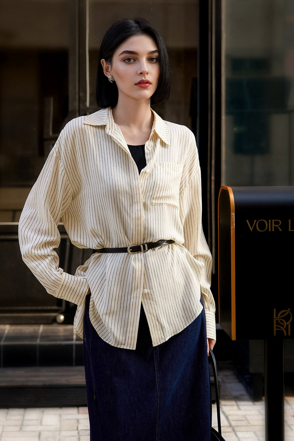 19 Momme Silk Crepe Striped Long-Sleeve Button-Down Shirt