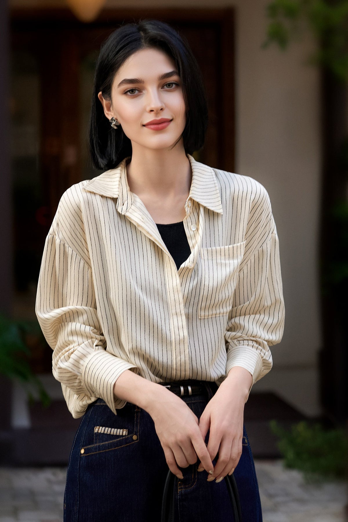 19 Momme Silk Crepe Striped Long-Sleeve Button-Down Shirt