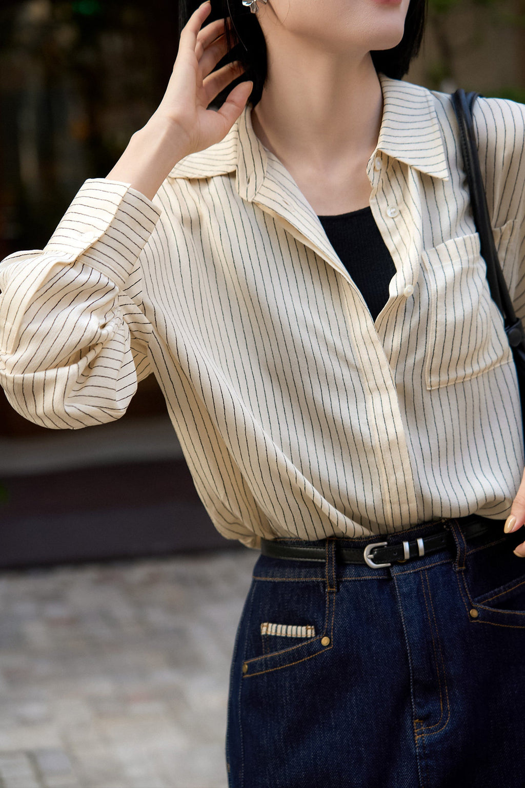 19 Momme Silk Crepe Striped Long-Sleeve Button-Down Shirt