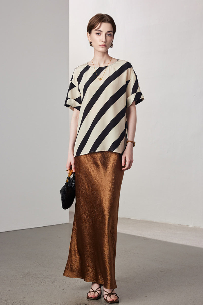 100 Mulberry Silk Striped Short-Sleeve Blouse