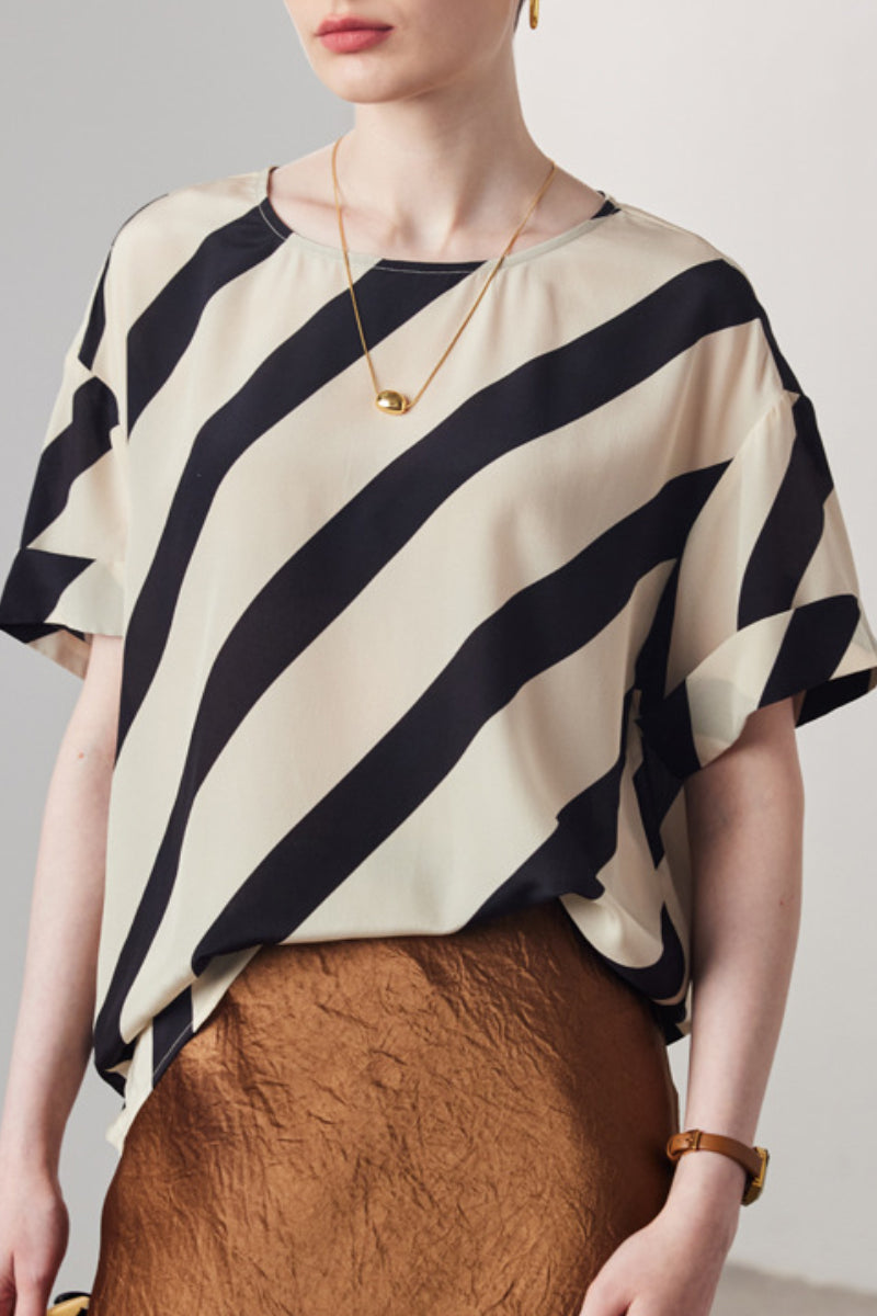 100 Mulberry Silk Striped Short-Sleeve Blouse