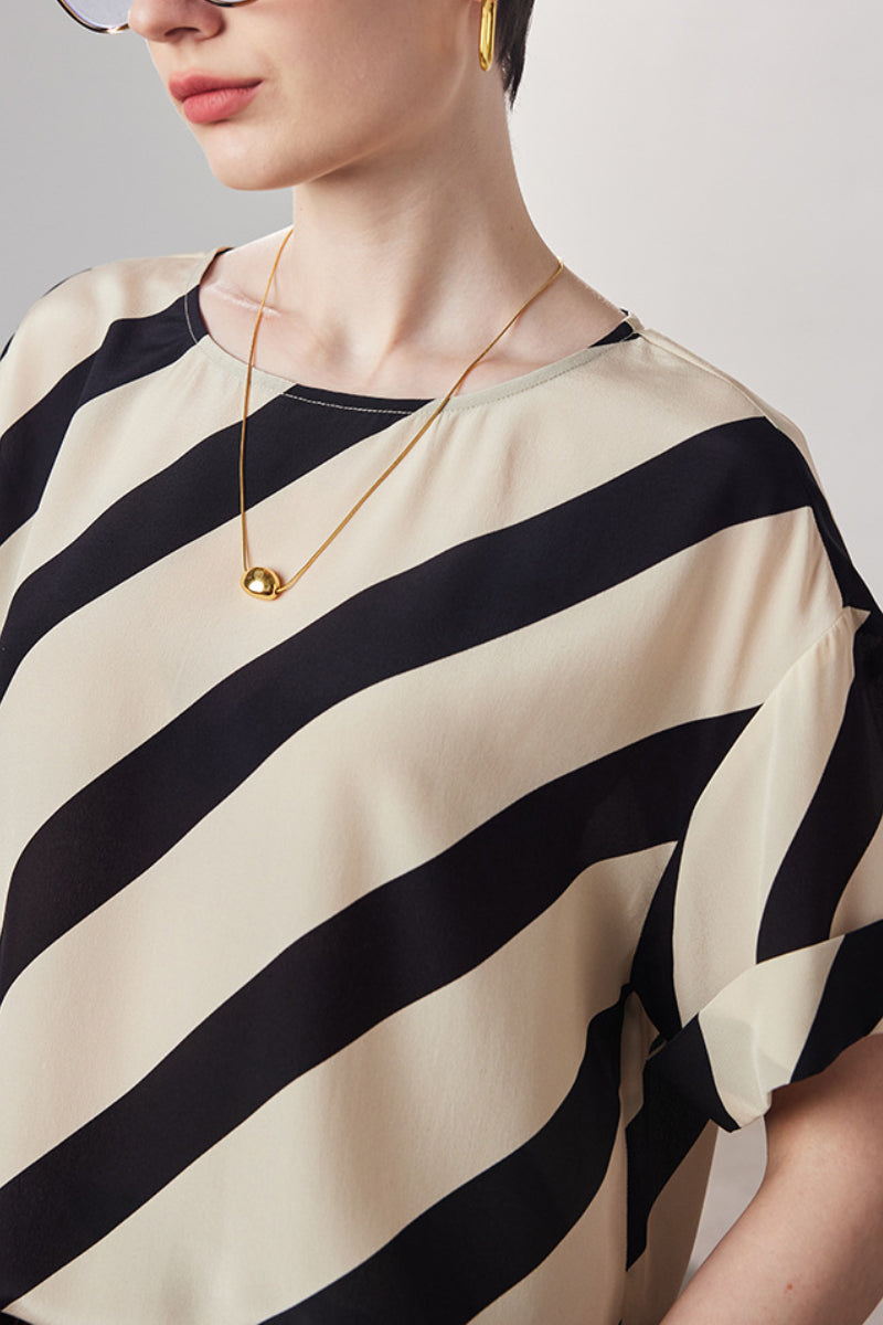 100 Mulberry Silk Striped Short-Sleeve Blouse
