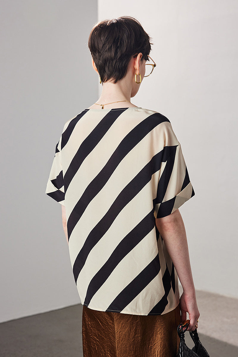 100 Mulberry Silk Striped Short-Sleeve Blouse