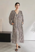 100 Mulberry Silk V-Neck Balloon-Sleeve Zebra-Print Midi Dress