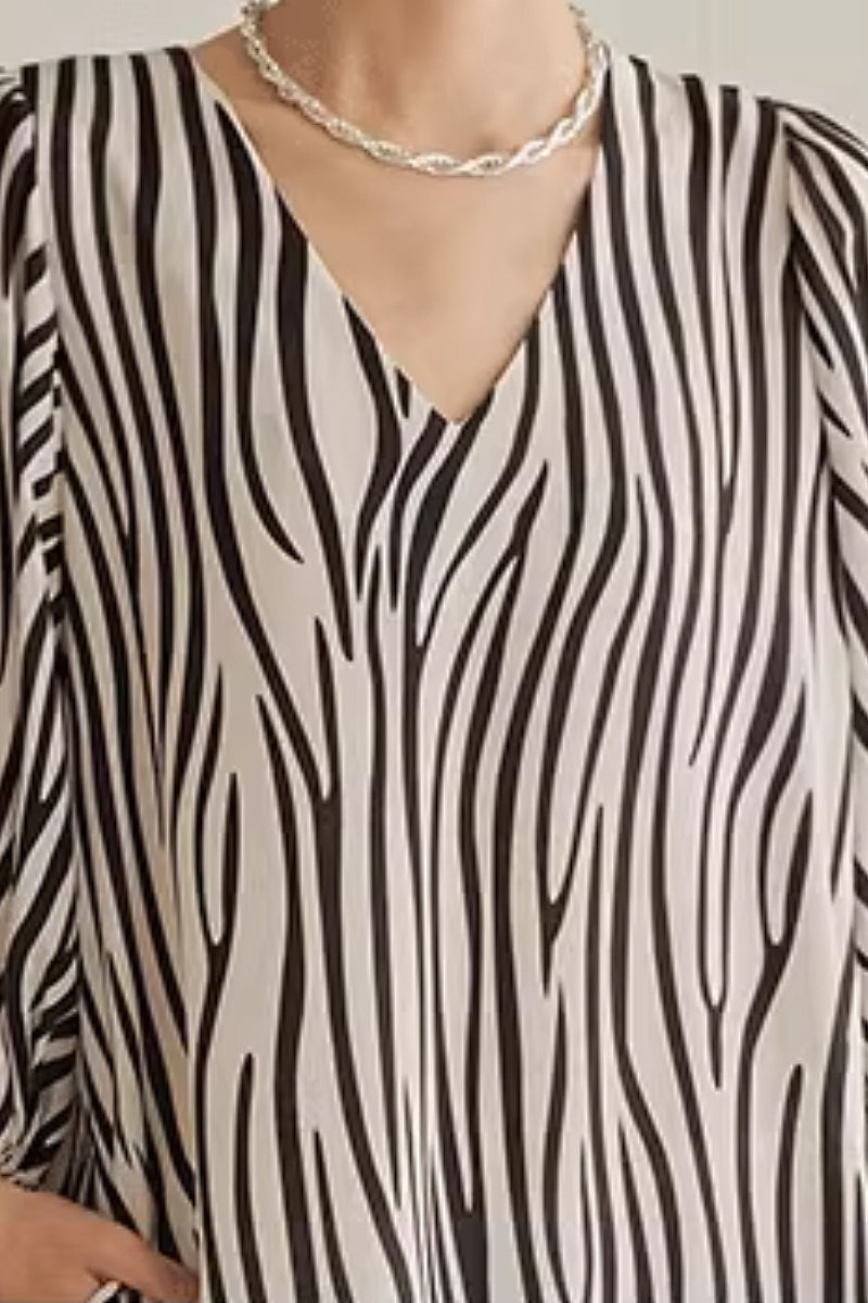 100 Mulberry Silk V-Neck Balloon-Sleeve Zebra-Print Midi Dress