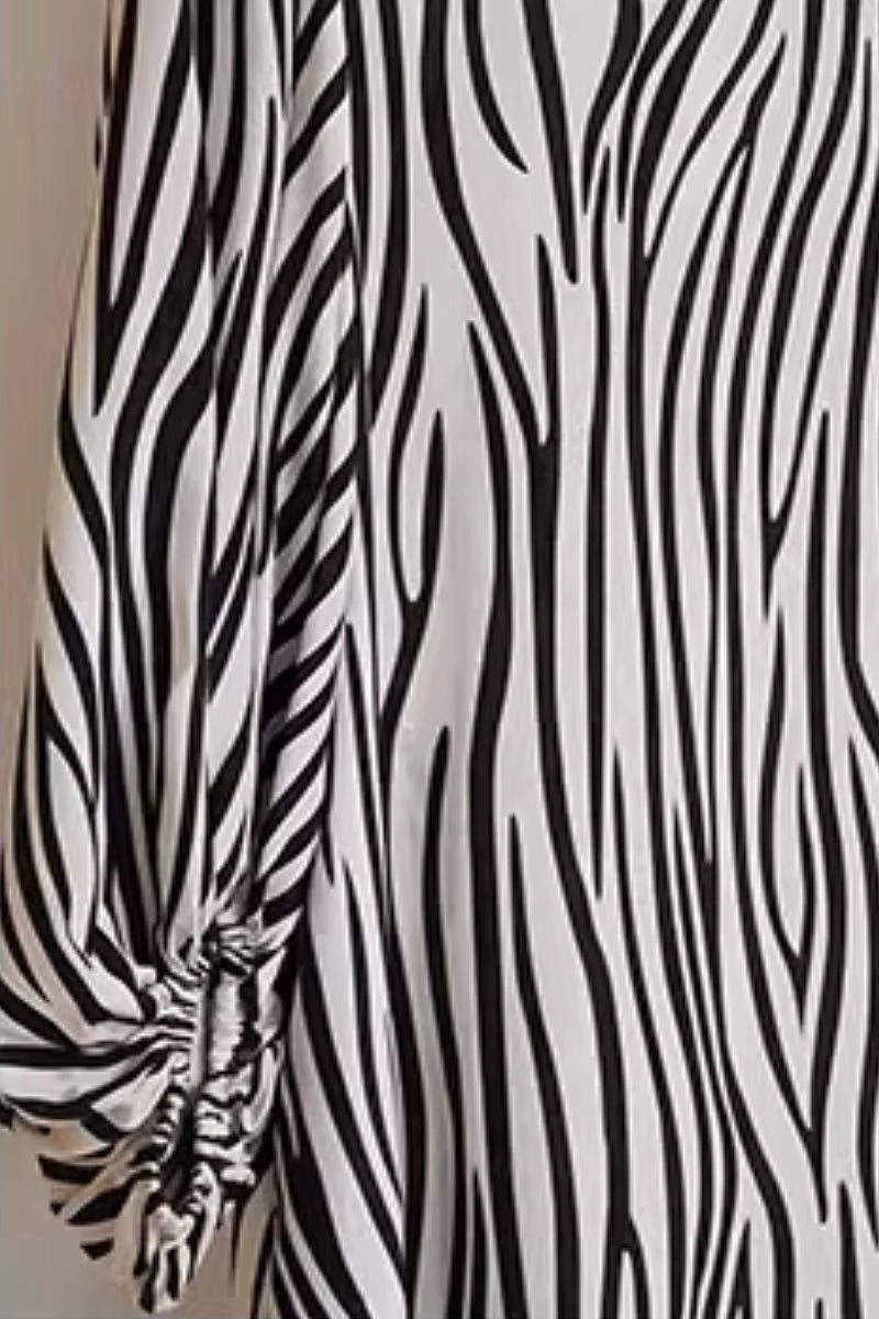 100 Mulberry Silk V-Neck Balloon-Sleeve Zebra-Print Midi Dress