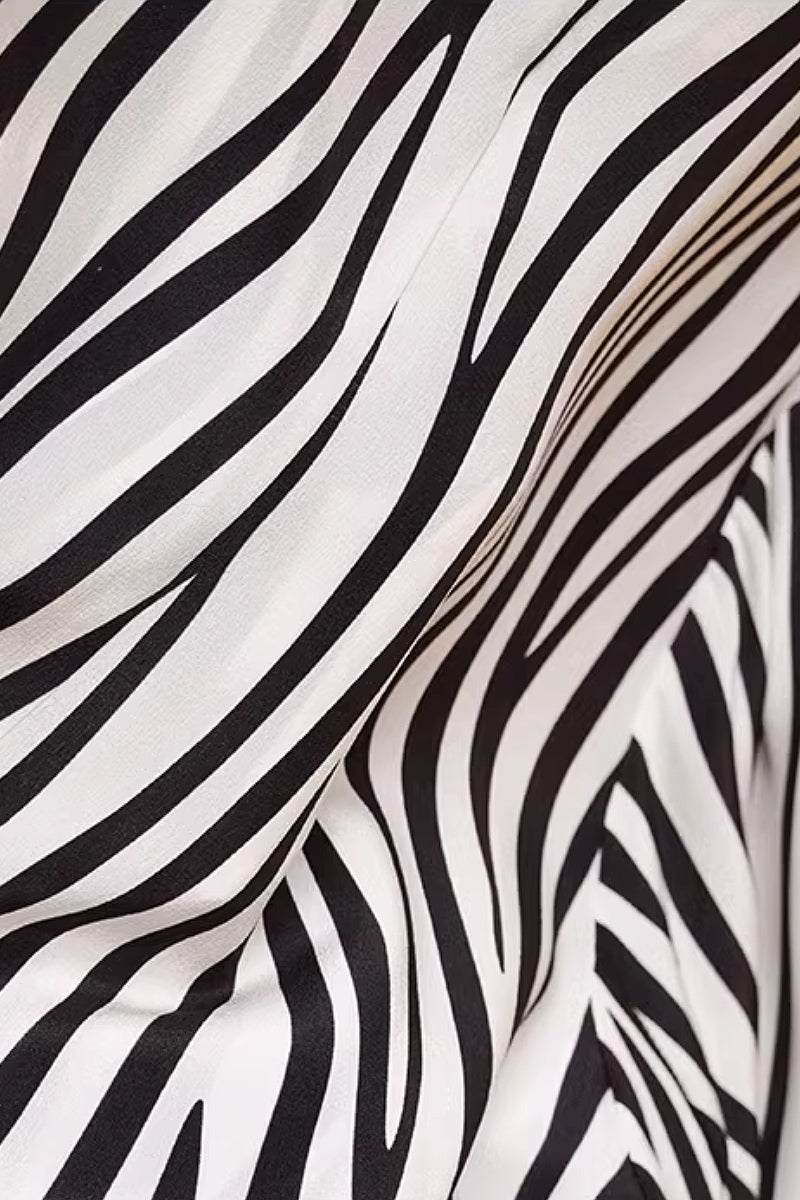 100 Mulberry Silk V-Neck Balloon-Sleeve Zebra-Print Midi Dress