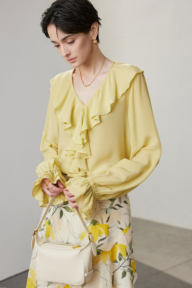 100 Mulberry Silk V-Neck Long-Sleeve Ruffle Blouse