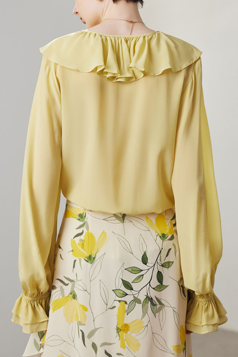 100 Mulberry Silk V-Neck Long-Sleeve Ruffle Blouse