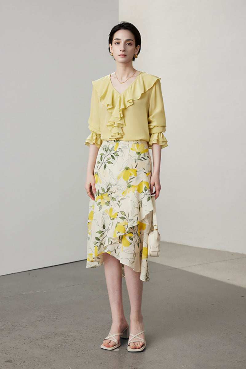 100 Mulberry Silk V-Neck Long-Sleeve Ruffle Blouse