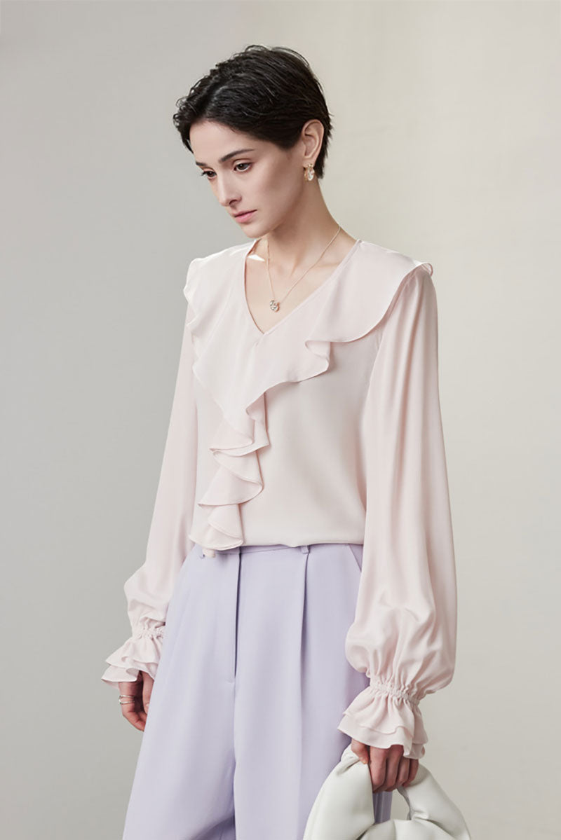 100 Mulberry Silk V-Neck Long-Sleeve Ruffle Blouse