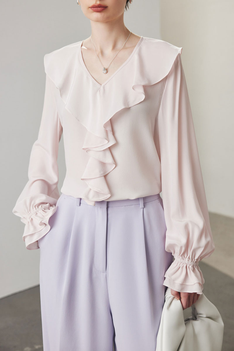 100 Mulberry Silk V-Neck Long-Sleeve Ruffle Blouse