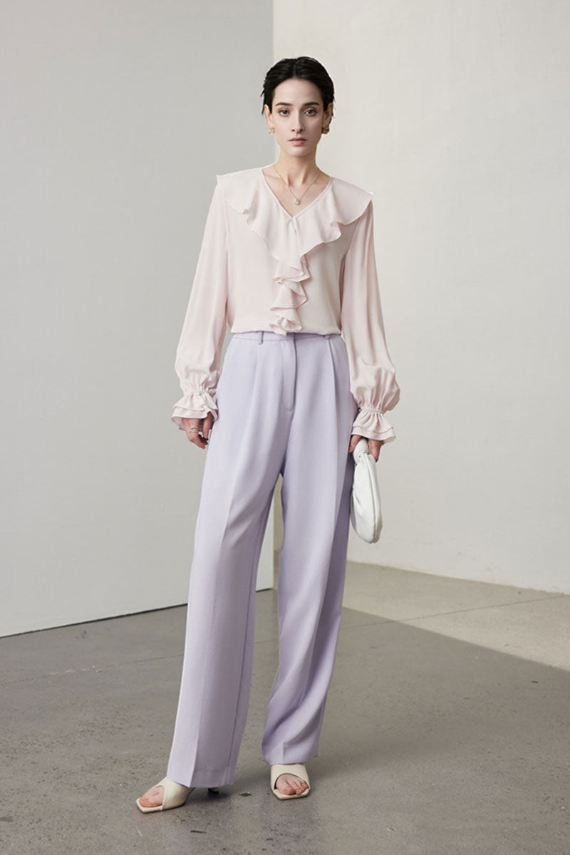 100 Mulberry Silk V-Neck Long-Sleeve Ruffle Blouse