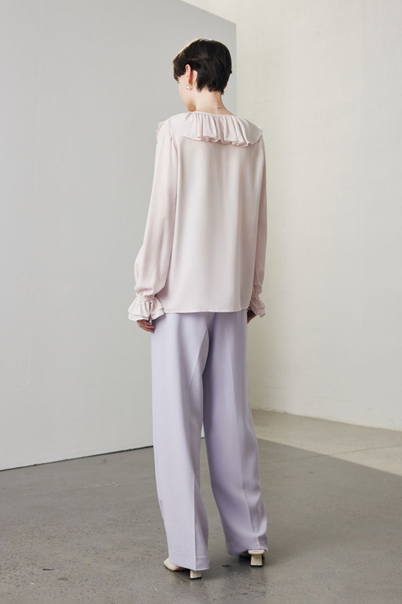 100 Mulberry Silk V-Neck Long-Sleeve Ruffle Blouse