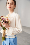 100 Mulberry Silk White Peter Pan Collar Long-Sleeve Button-Down Shirt