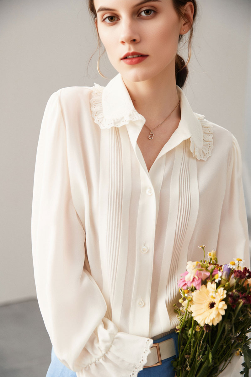 100 Mulberry Silk White Peter Pan Collar Long-Sleeve Button-Down Shirt