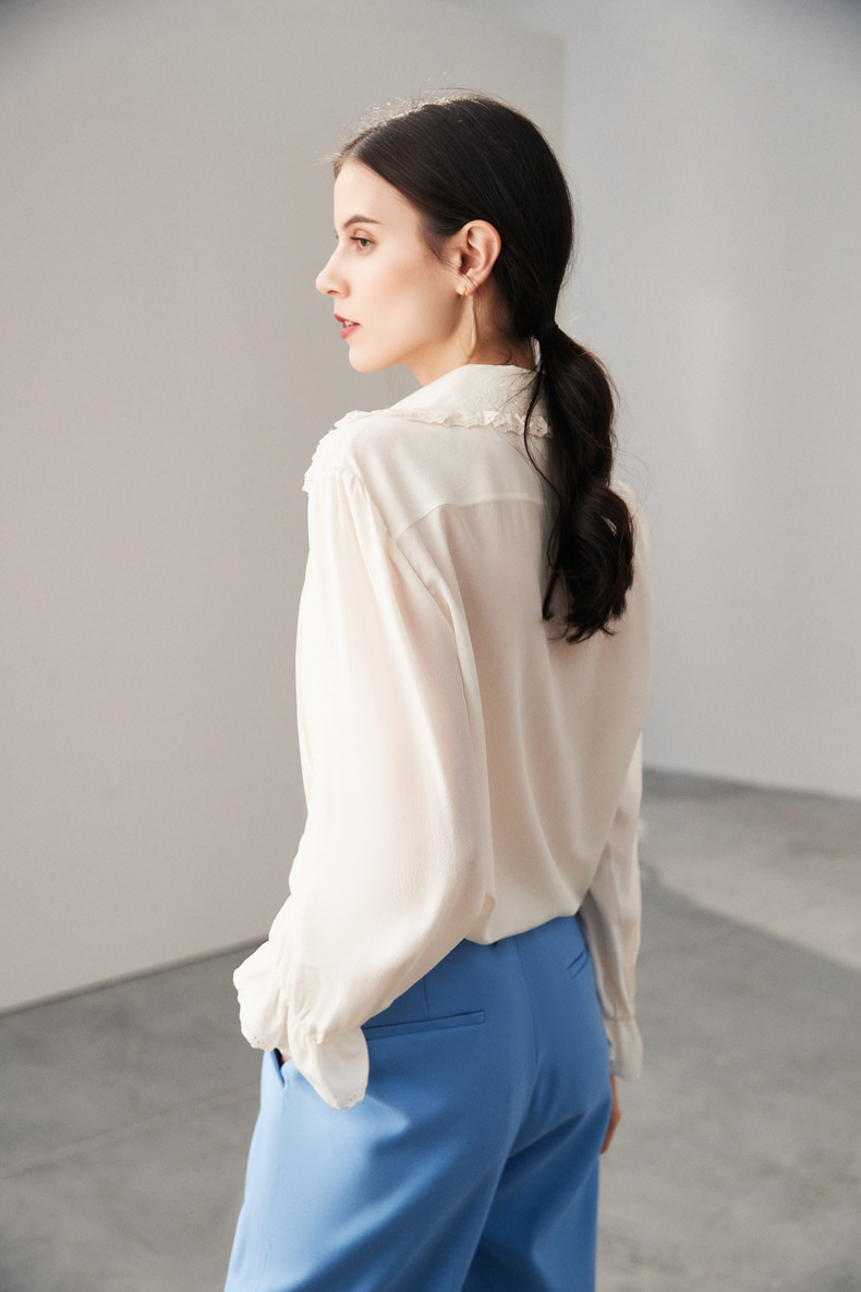 100 Mulberry Silk White Peter Pan Collar Long-Sleeve Button-Down Shirt