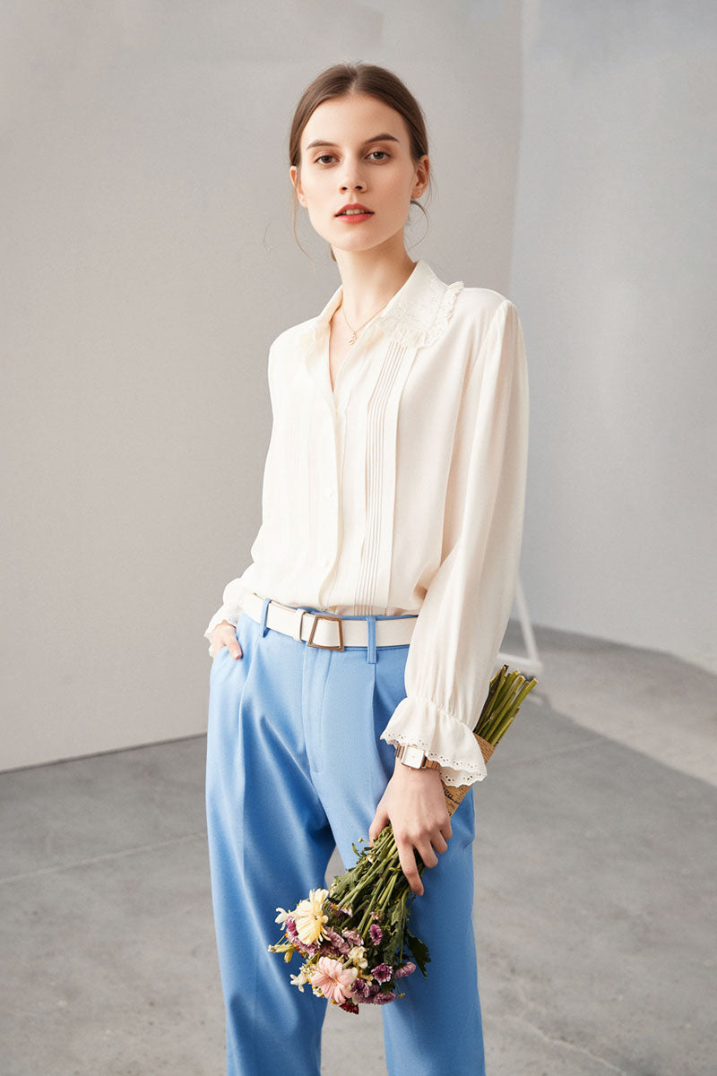100 Mulberry Silk White Peter Pan Collar Long-Sleeve Button-Down Shirt