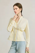 100 Organic Cotton Long-Sleeve V-Neck Pleated Peplum Blouse