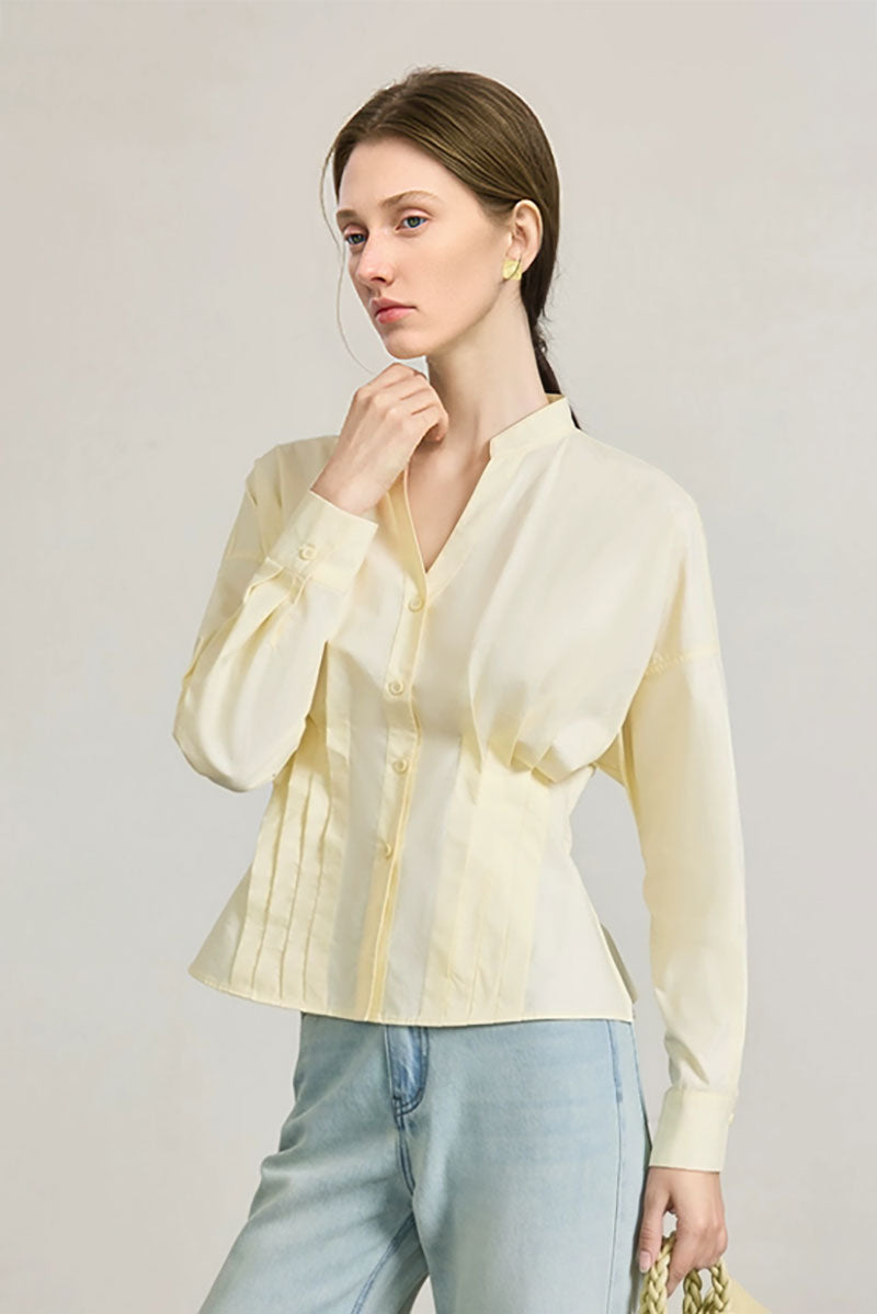 100 Organic Cotton Long-Sleeve V-Neck Pleated Peplum Blouse