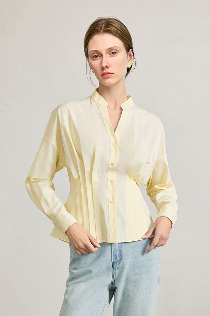 100 Organic Cotton Long-Sleeve V-Neck Pleated Peplum Blouse