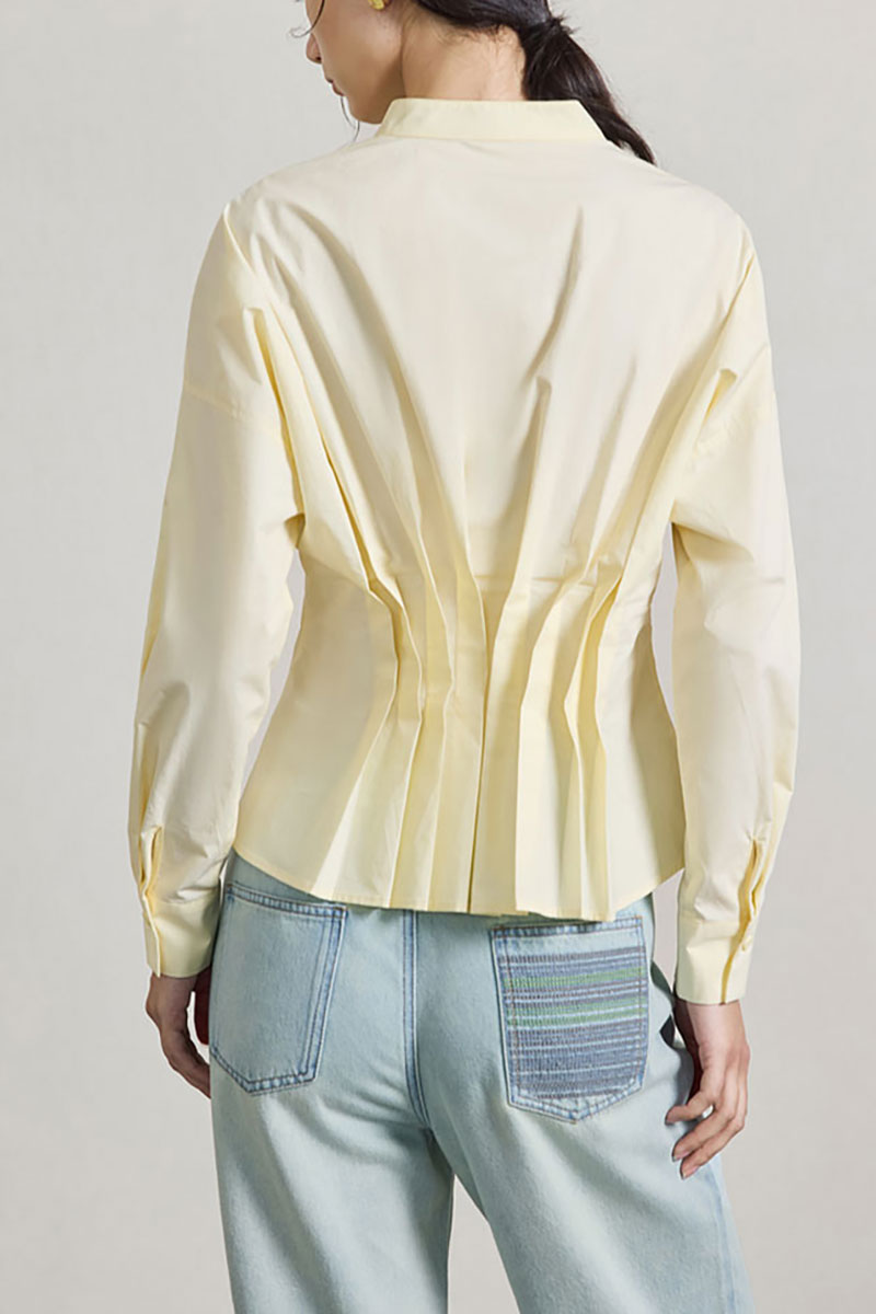 100 Organic Cotton Long-Sleeve V-Neck Pleated Peplum Blouse