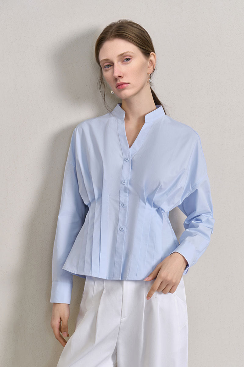100 Organic Cotton Long-Sleeve V-Neck Pleated Peplum Blouse