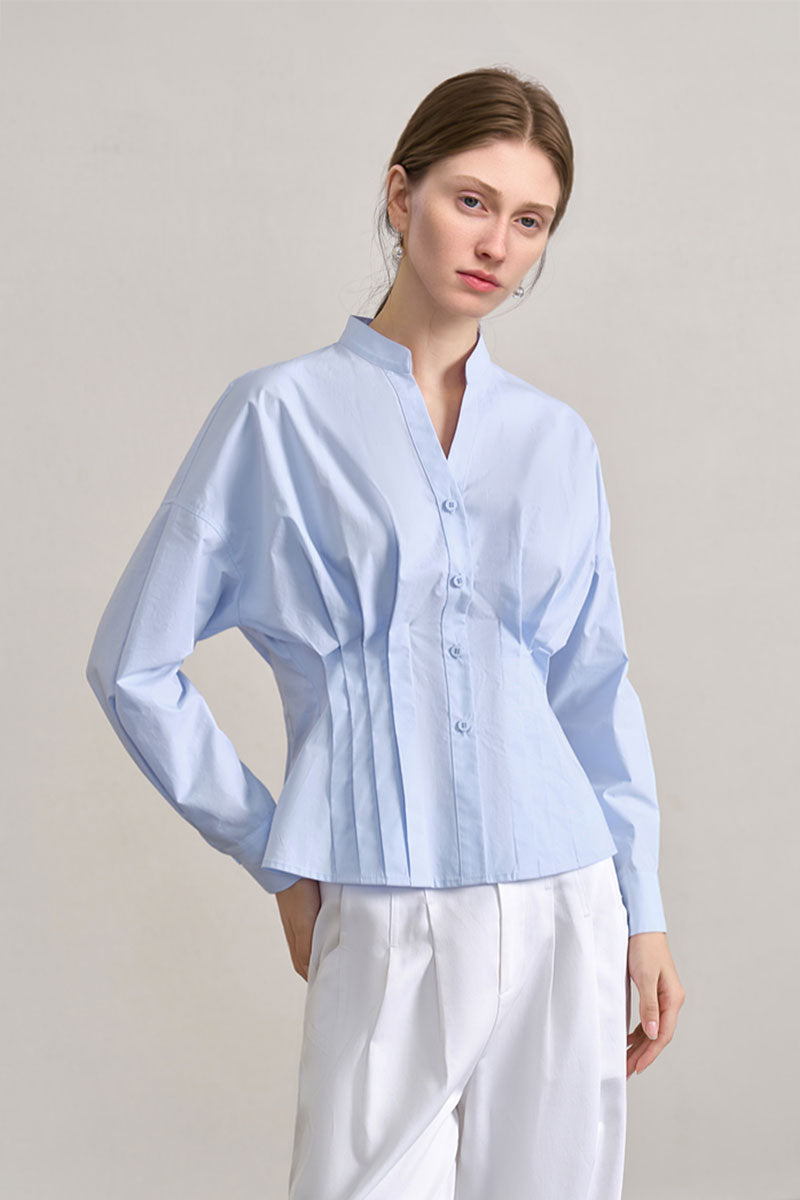 100 Organic Cotton Long-Sleeve V-Neck Pleated Peplum Blouse