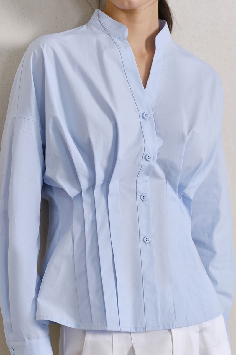 100 Organic Cotton Long-Sleeve V-Neck Pleated Peplum Blouse