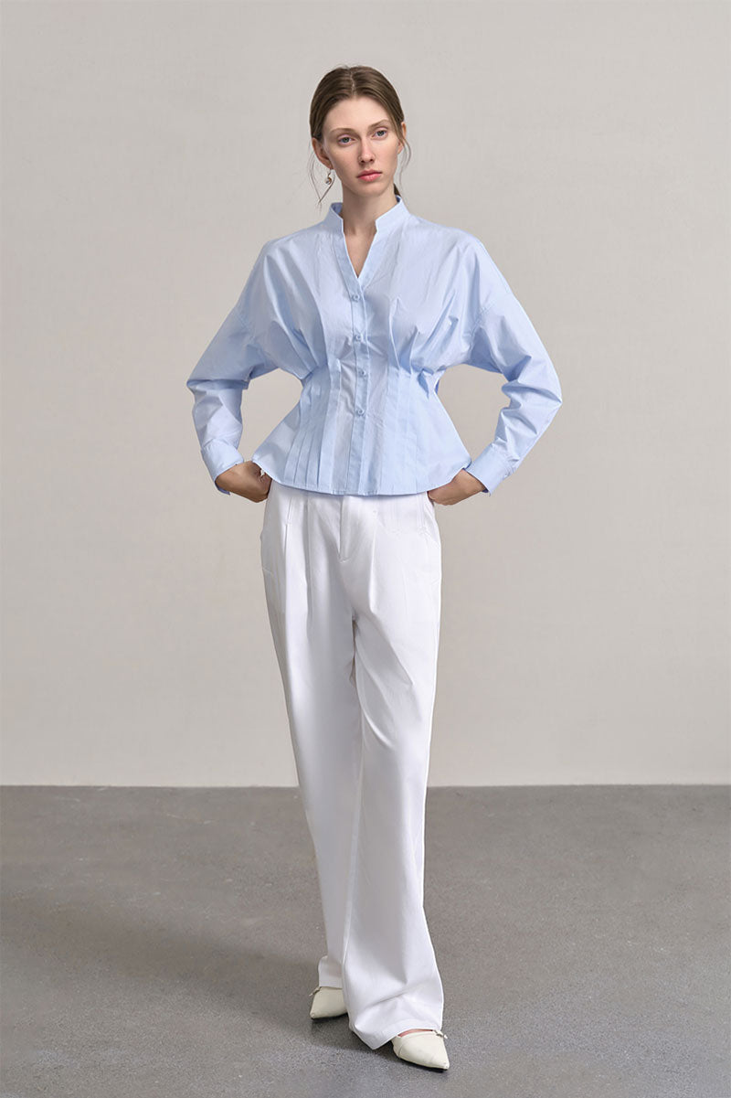 100 Organic Cotton Long-Sleeve V-Neck Pleated Peplum Blouse