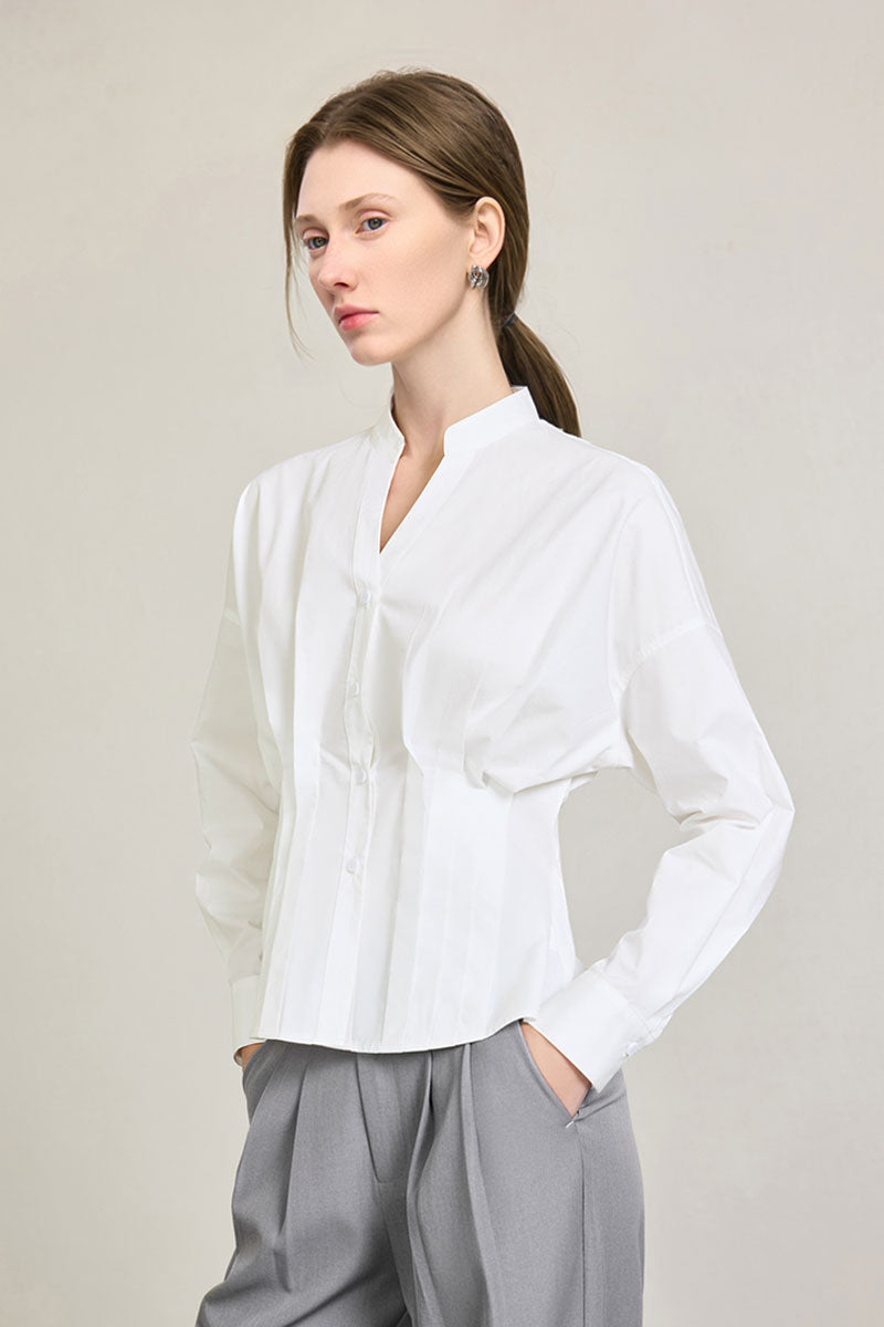 100 Organic Cotton Long-Sleeve V-Neck Pleated Peplum Blouse