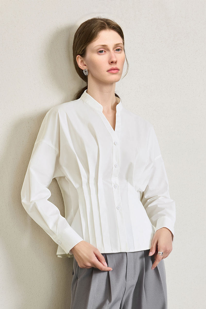 100 Organic Cotton Long-Sleeve V-Neck Pleated Peplum Blouse