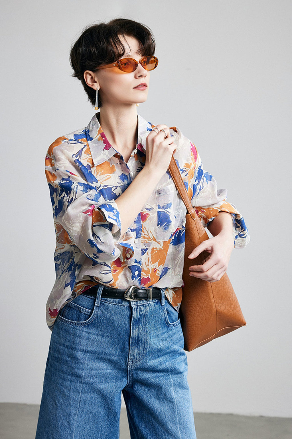 100% Ramie Abstract Print Button-Down Shirt