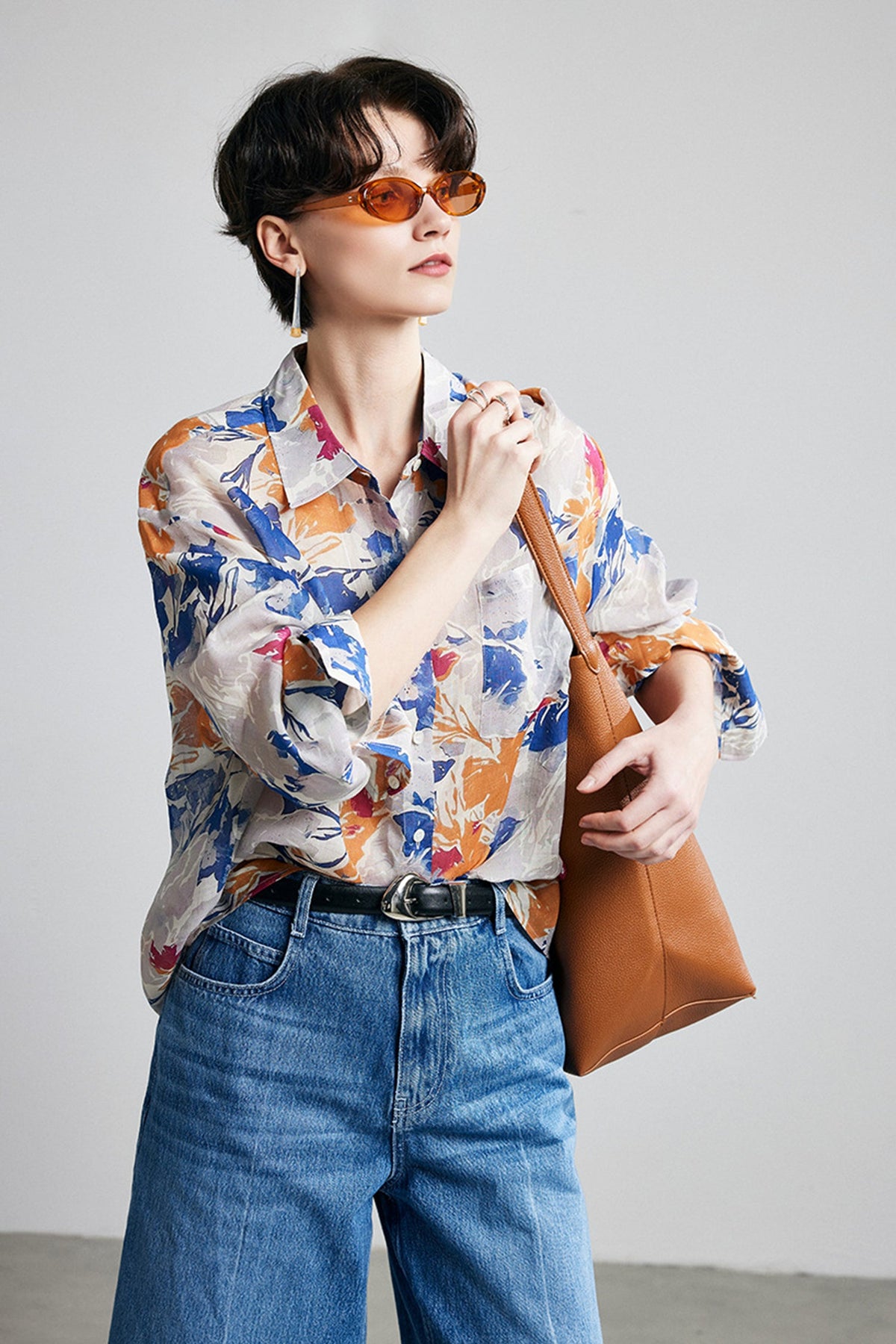 100% Ramie Abstract Print Button-Down Shirt