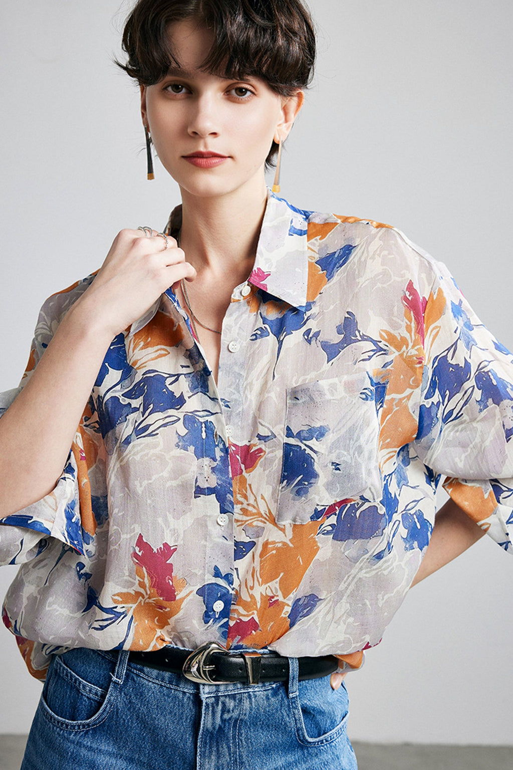 100% Ramie Abstract Print Button-Down Shirt
