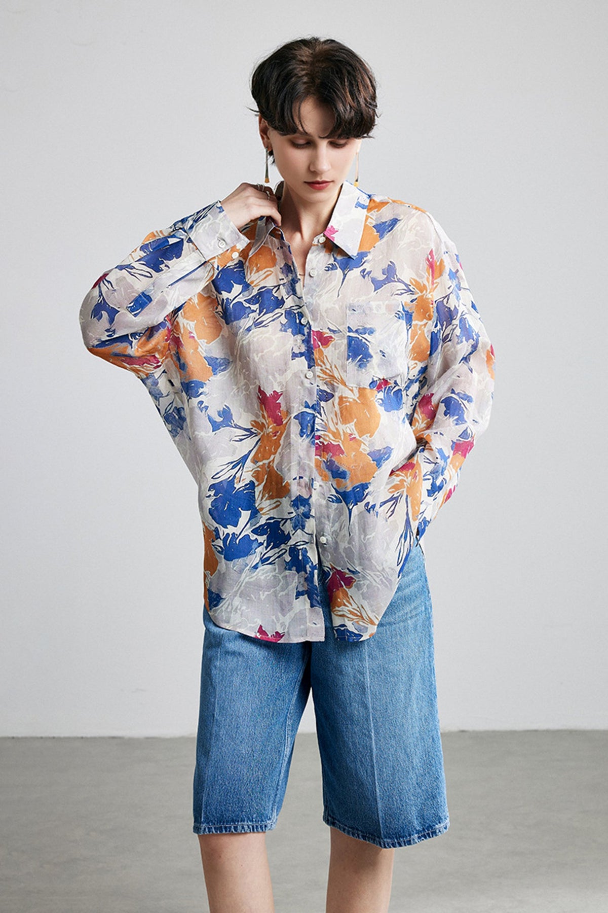 100% Ramie Abstract Print Button-Down Shirt