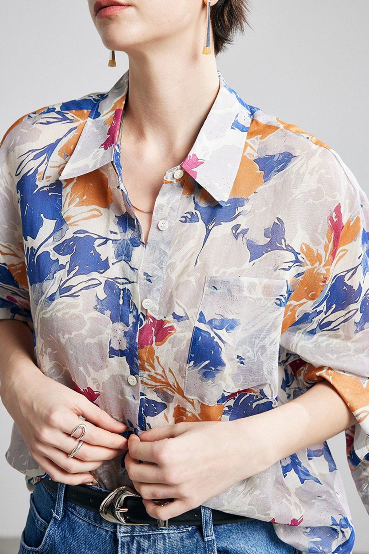 100% Ramie Abstract Print Button-Down Shirt