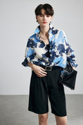100% Ramie Blue Abstract Print Button-Down Shirt