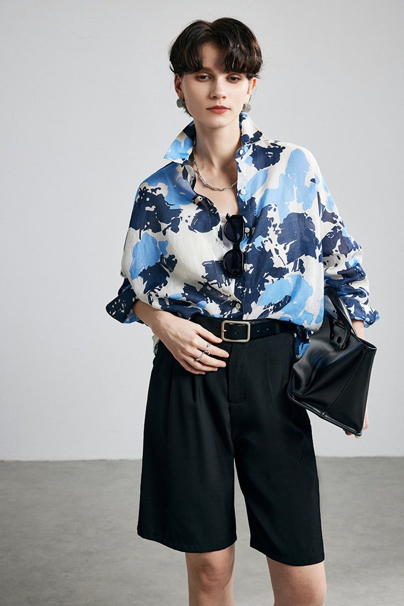100% Ramie Blue Abstract Print Button-Down Shirt